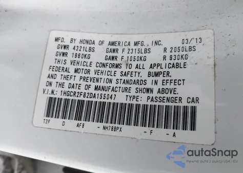 2013 Honda Accord Sdn Ex-L from USA, damaged, VIN 1HGCR2F82DA155047